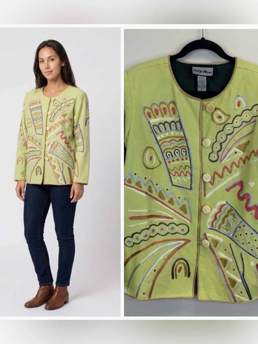 Artsy Boho Lime Green Shacket Size S Button Up Art To Wear Colorful Festival